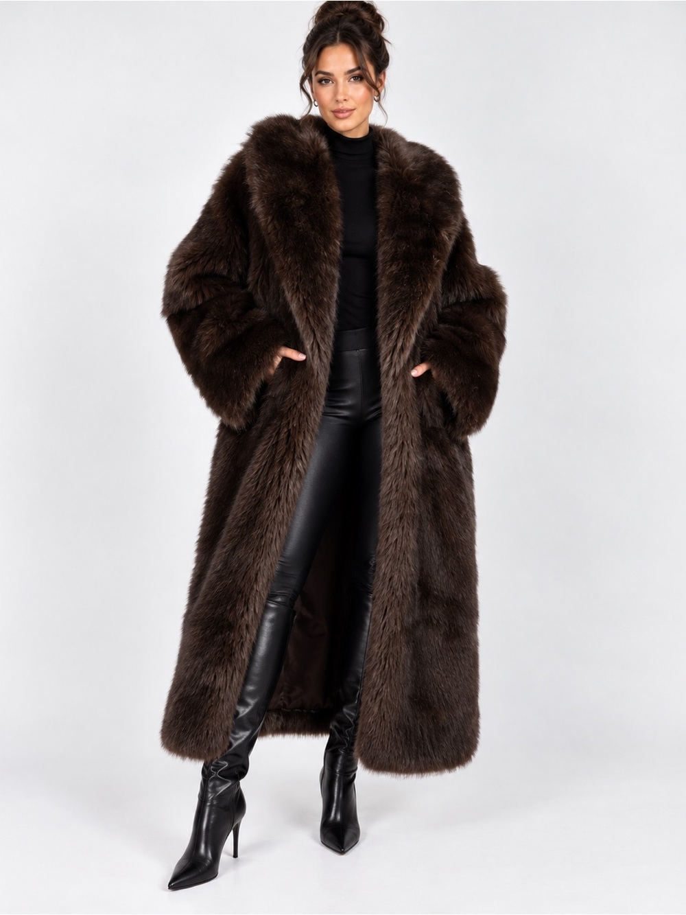 NWT WeWoreWhat Long Faux Fur Jacket/Coat in rich Dark Brown, size L. MSRP $328.